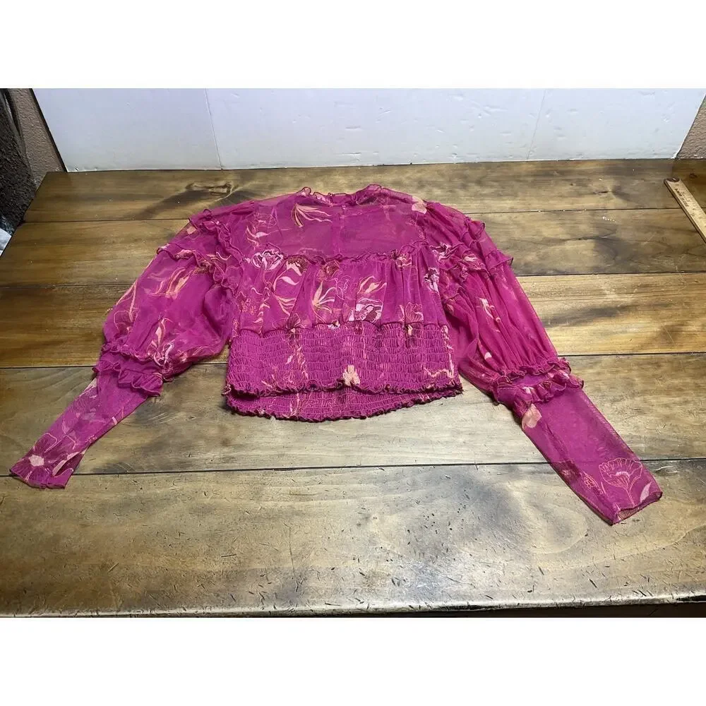 Free People Time For Shine Mesh Cropped Smocked Pink Purple Floral Blouse Top L